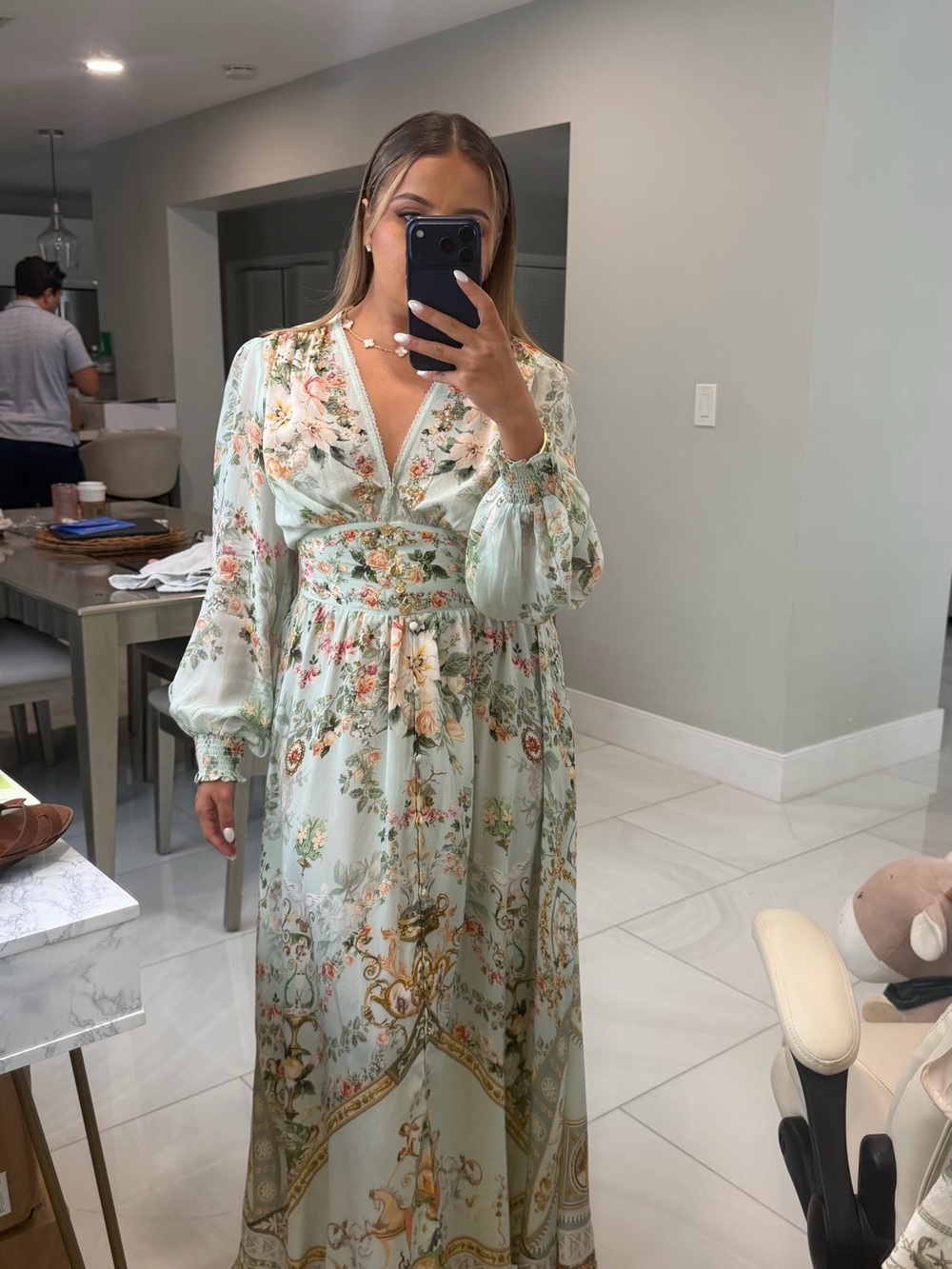 Camilla Floral V-Neck Maxi Dress in Light Mint and Peach